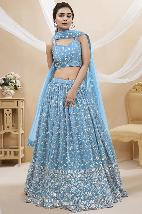 Sky Blue Sequins Georgette Wedding Wear Lehenga Choli – Radiant Elegance for Your Special Day
