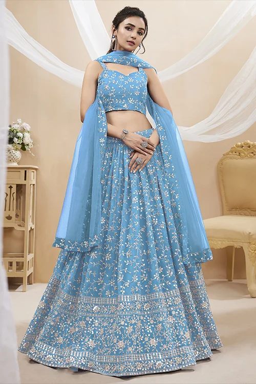 Sky Blue Sequins Georgette Wedding Wear Lehenga Choli – Radiant Elegance for Your Special Day - Image 3