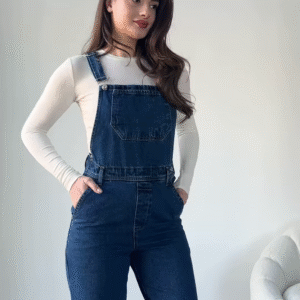 Stylish Denim Overalls with Long-Sleeved Top and Sneakers