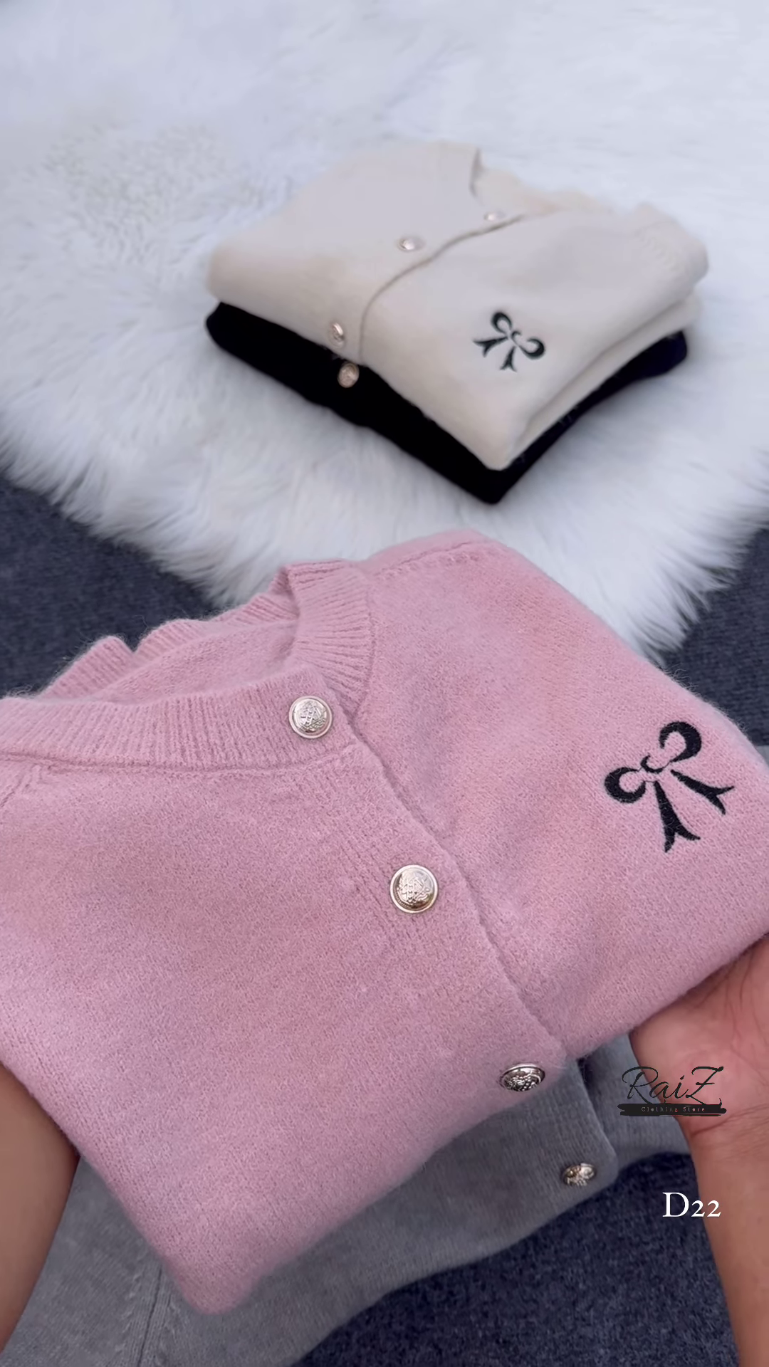 Bow-Embroidered Pearl Button Cardigans π§₯π β Soft Knit Layers in Cream, Black, Pink & Gray Variants - Image 4